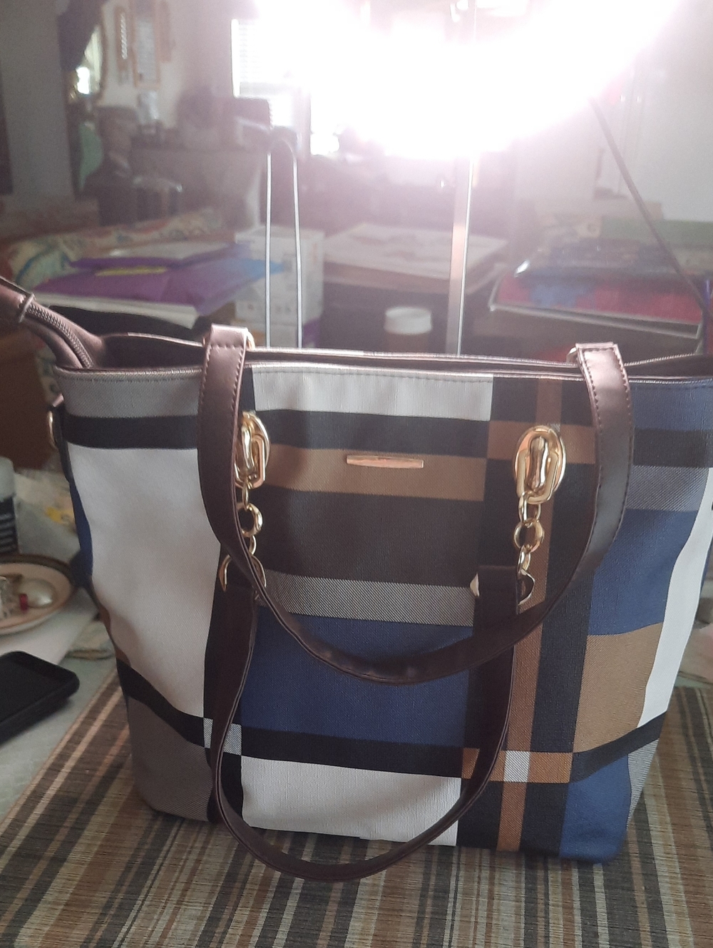 Amazon Striped Tote Bag in Blue, Brown, White & Black with Gold Hardware